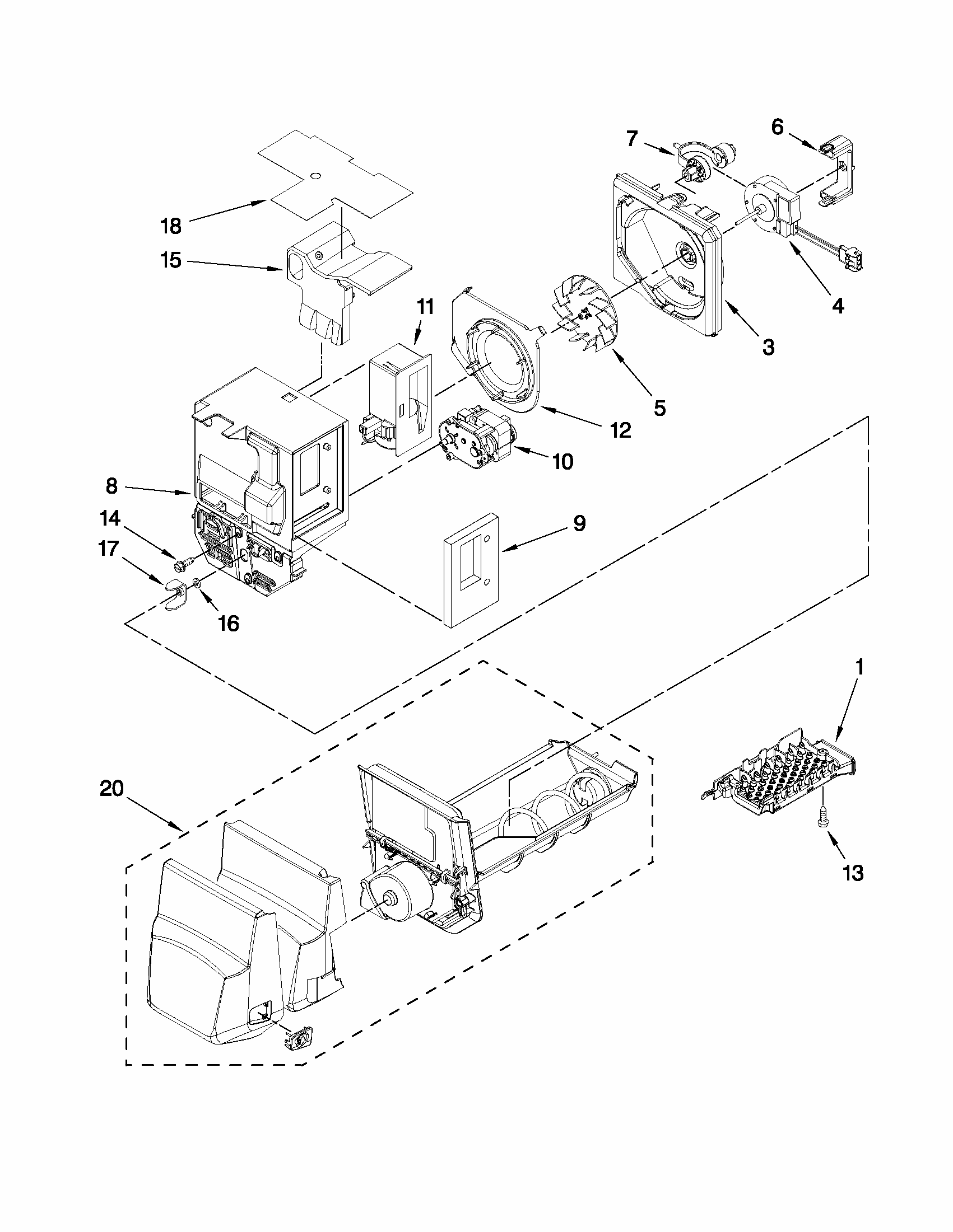 Motor And Ice Container Parts Diagram and Parts List for 59679543016  Kenmore Refrigerator