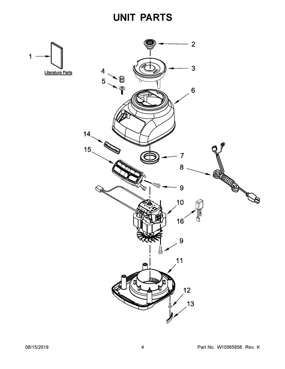 Unit Parts Diagram and Parts List for 5KSB1585BVB0  Whirlpool Blender