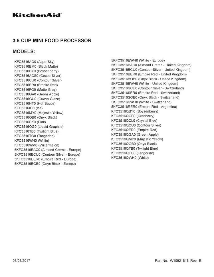 Cover Sheet Diagram and Parts List for 5KFC3516EAC0  KitchenAid Food Processor