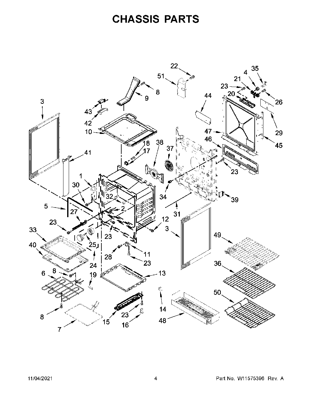 Chassis Parts Diagram and Parts List for KSEG700EBS4  KitchenAid Range