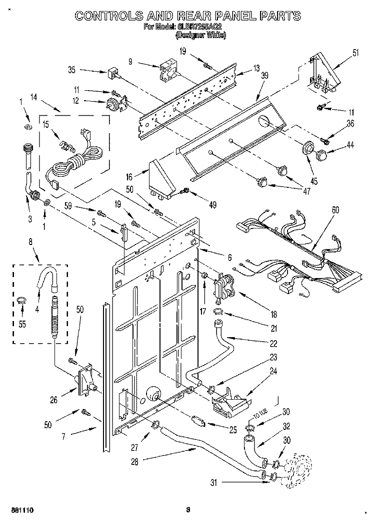 CONTROLS AND REAR PANEL Diagram and Parts List for 6LBR7255AQ2  Whirlpool Washer