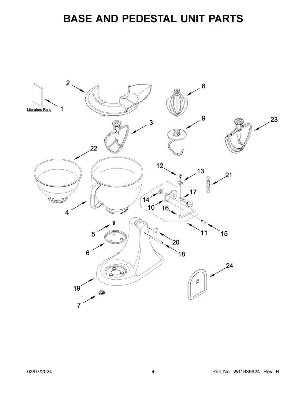 Base And Pedestal Unit Parts Diagram and Parts List for 5KSM195PSRBE0  KitchenAid Mixer