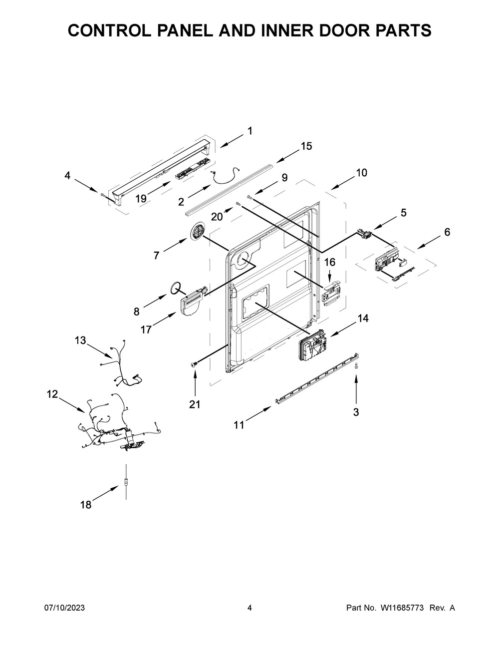 Control Panel And Inner Door Parts Diagram and Parts List for WDT740SALW2  Whirlpool Dishwasher