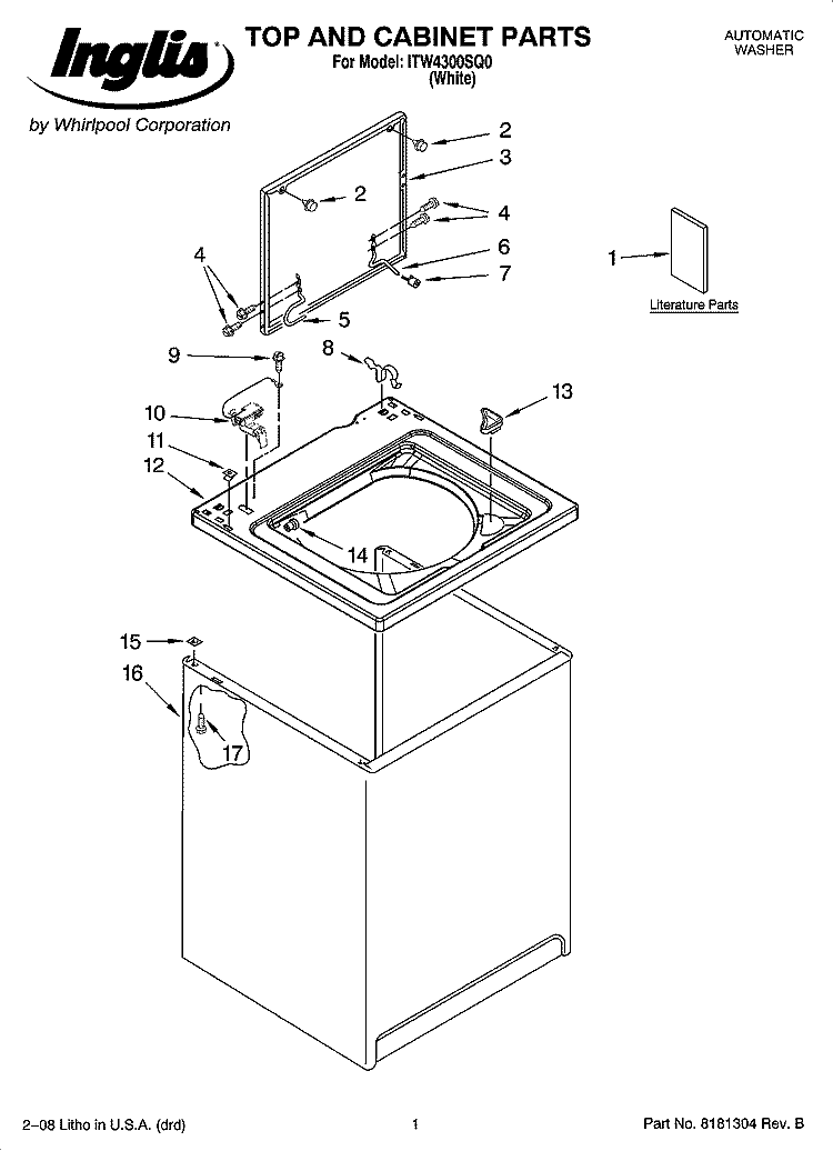 TOP AND CABINET PARTS Diagram and Parts List for ITW4300SQ0  Inglis Washer