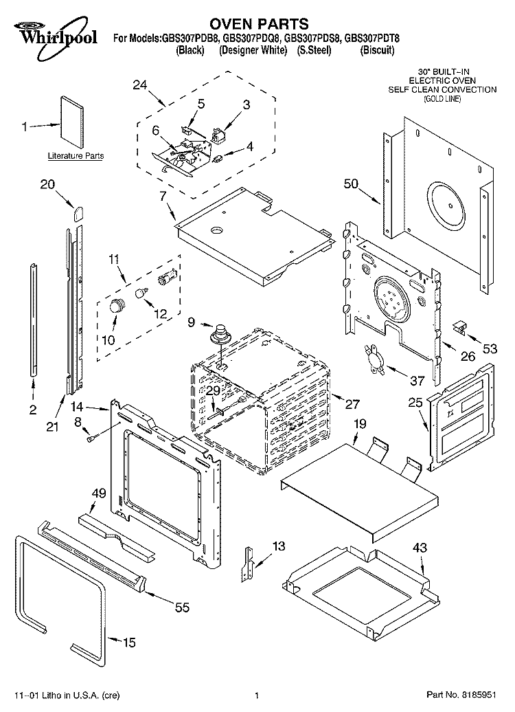 OVEN, LITERATURE Diagram and Parts List for GBS307PDB8  Whirlpool Wall Oven