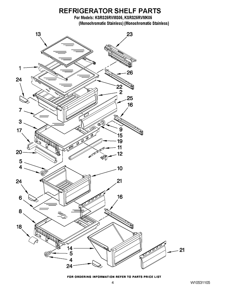 REFRIGERATOR SHELF PARTS Diagram and Parts List for KSRS25RVMK05  KitchenAid Refrigerator