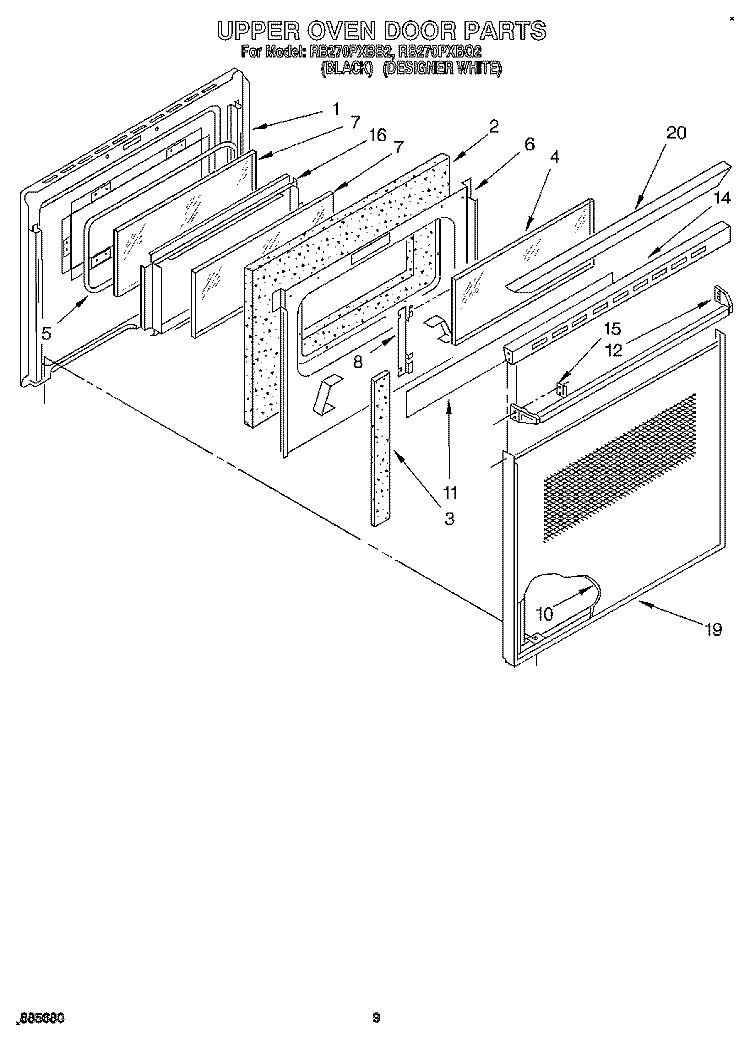 UPPER OVEN DOOR Diagram and Parts List for RB270PXBQ2  Whirlpool Wall Oven