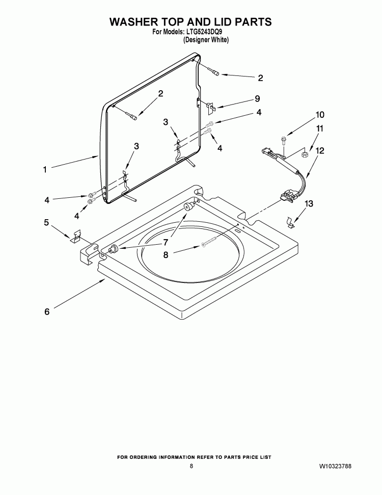 WASHER TOP AND LID PARTS Diagram and Parts List for LTG5243DQ9  Whirlpool Washer Dryer Combo