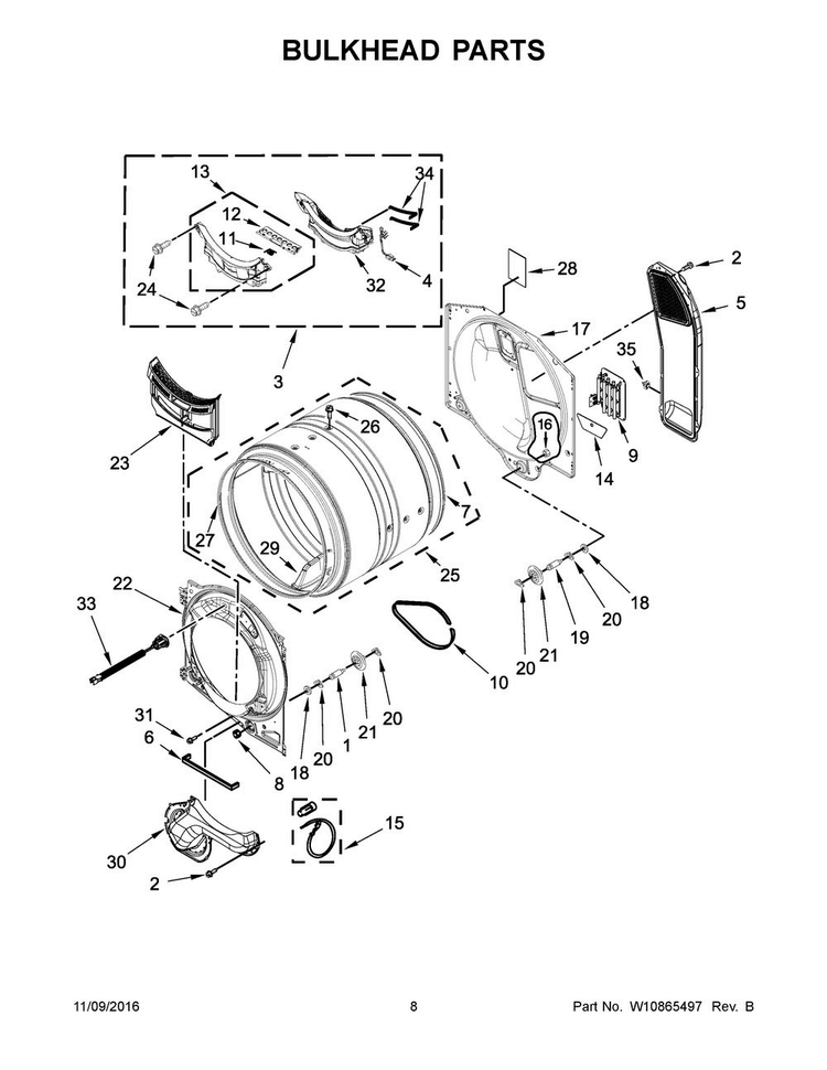 Bulkhead Parts Diagram and Parts List for WED9290FW0  Whirlpool Dryer