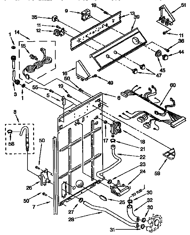 Controls And Rear Panel Diagram and Parts List for LSR7233BGO  Whirlpool Washer