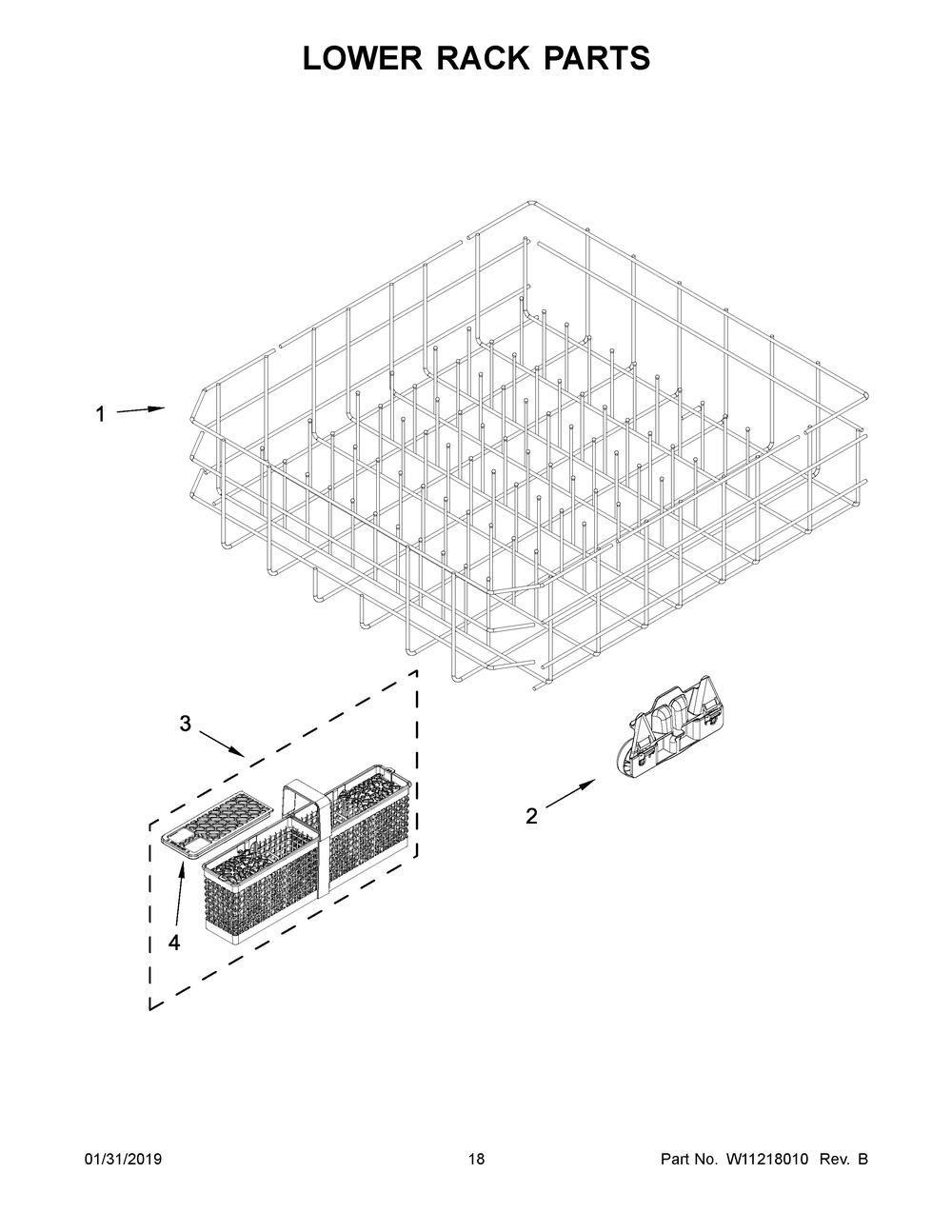 Lower Rack Parts Diagram and Parts List for KDFE104HBS0  Whirlpool Dishwasher