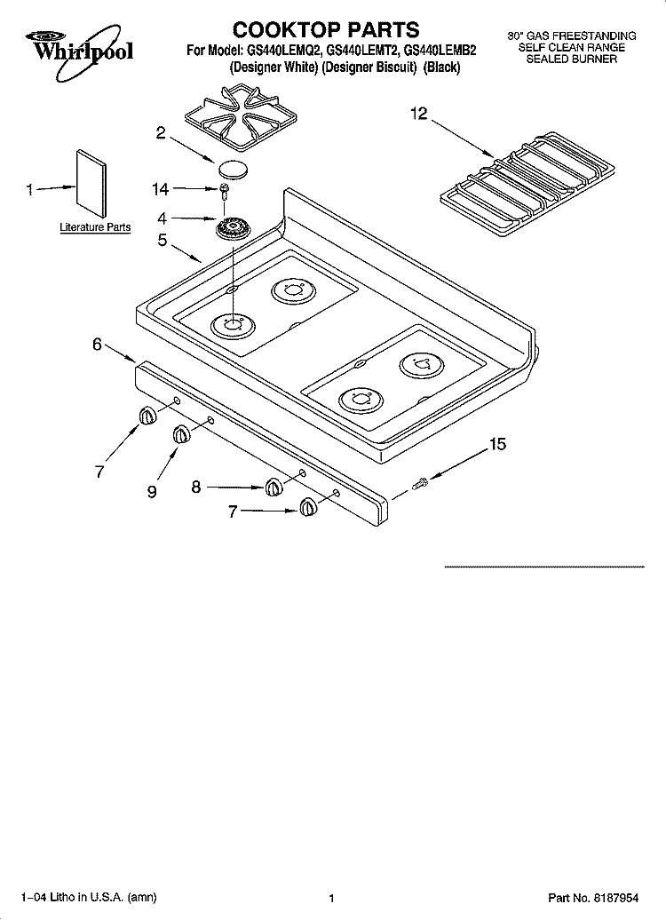 COOKTOP PARTS Diagram and Parts List for GS440LEMB2  Whirlpool Range