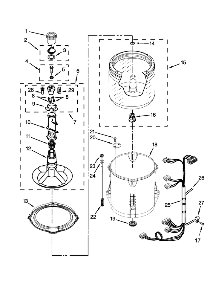 Basket And Tub Parts Diagram and Parts List for 7MWTW1905DW1  Whirlpool Washer