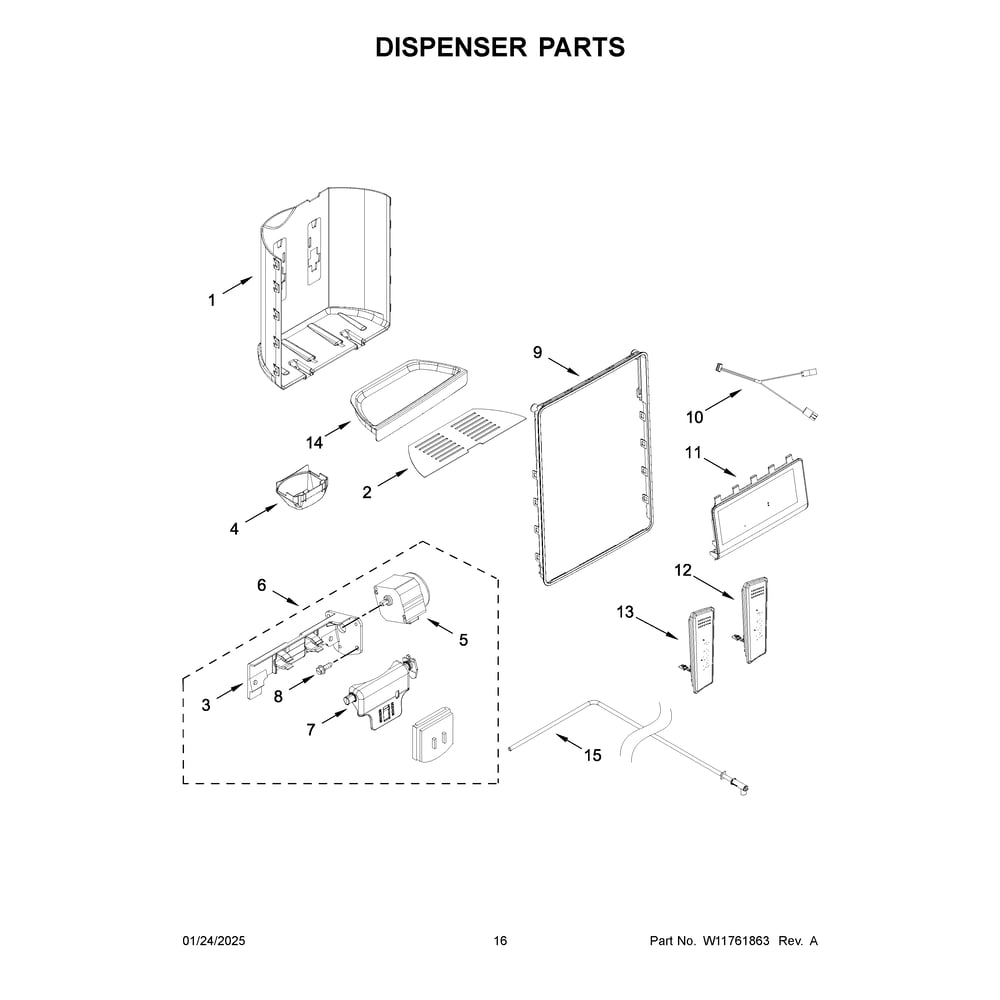 Dispenser Parts Diagram and Parts List for WRSF5536RB00  Whirlpool Refrigerator