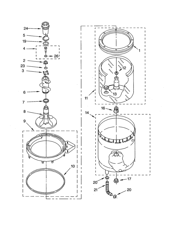 Agitator, Basket And Tub Diagram and Parts List for 110C92962200  Kenmore Washer Dryer Combo