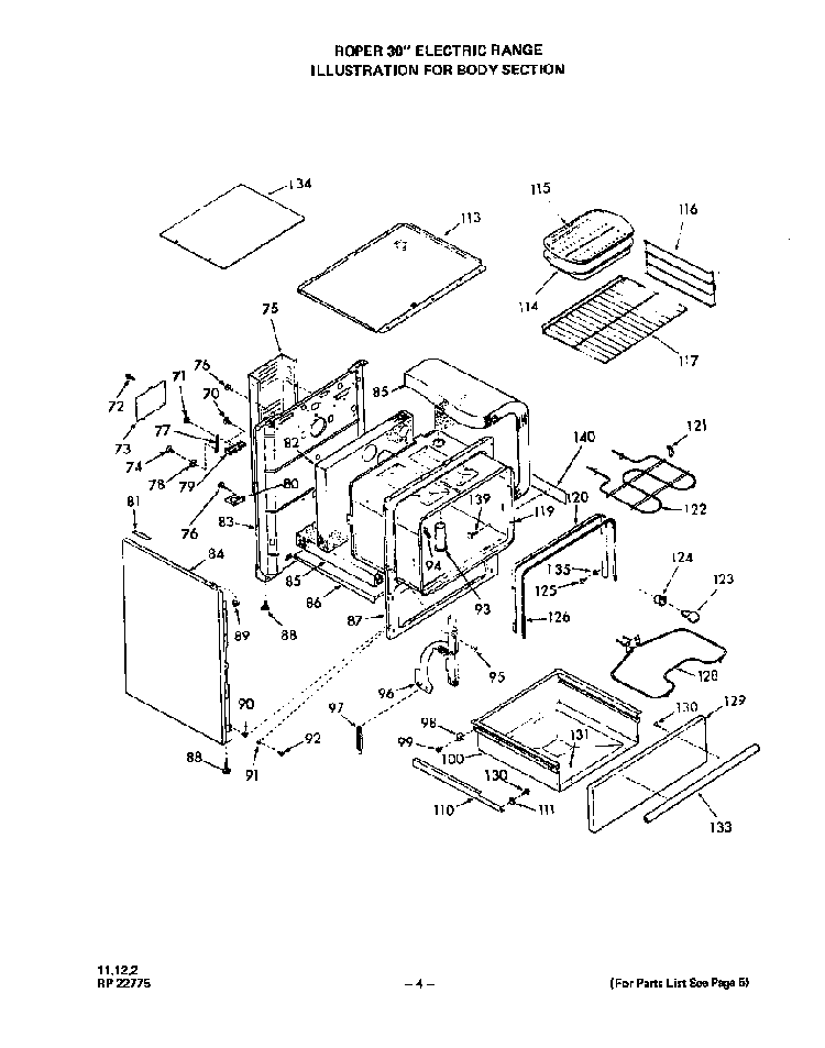 Body Diagram and Parts List for 2233*1A  Roper Range