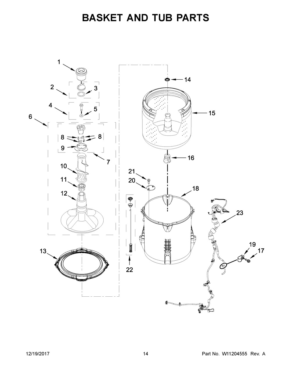 Basket And Tub Parts Diagram and Parts List for YWET4027HW0  Whirlpool Washer Dryer Combo