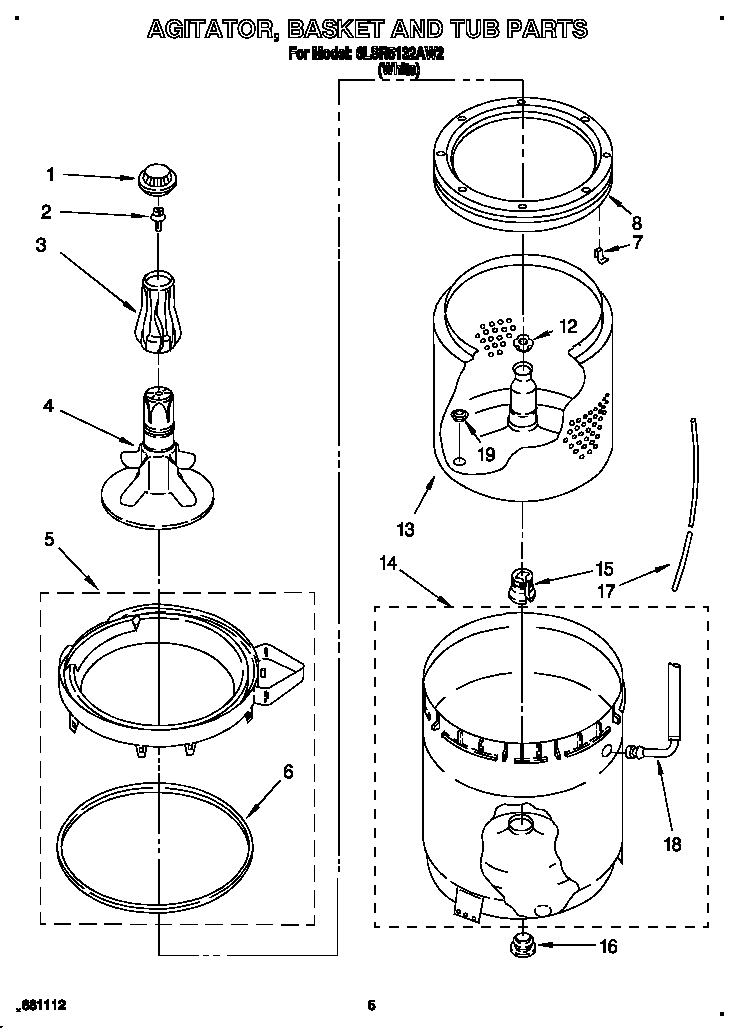 Agitator, Basket And Tub Diagram and Parts List for 6LSR5132AW2  Whirlpool Washer