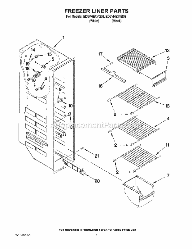 Freezer Liner Parts Diagram and Parts List for ED5VHEXVB06  Whirlpool Refrigerator