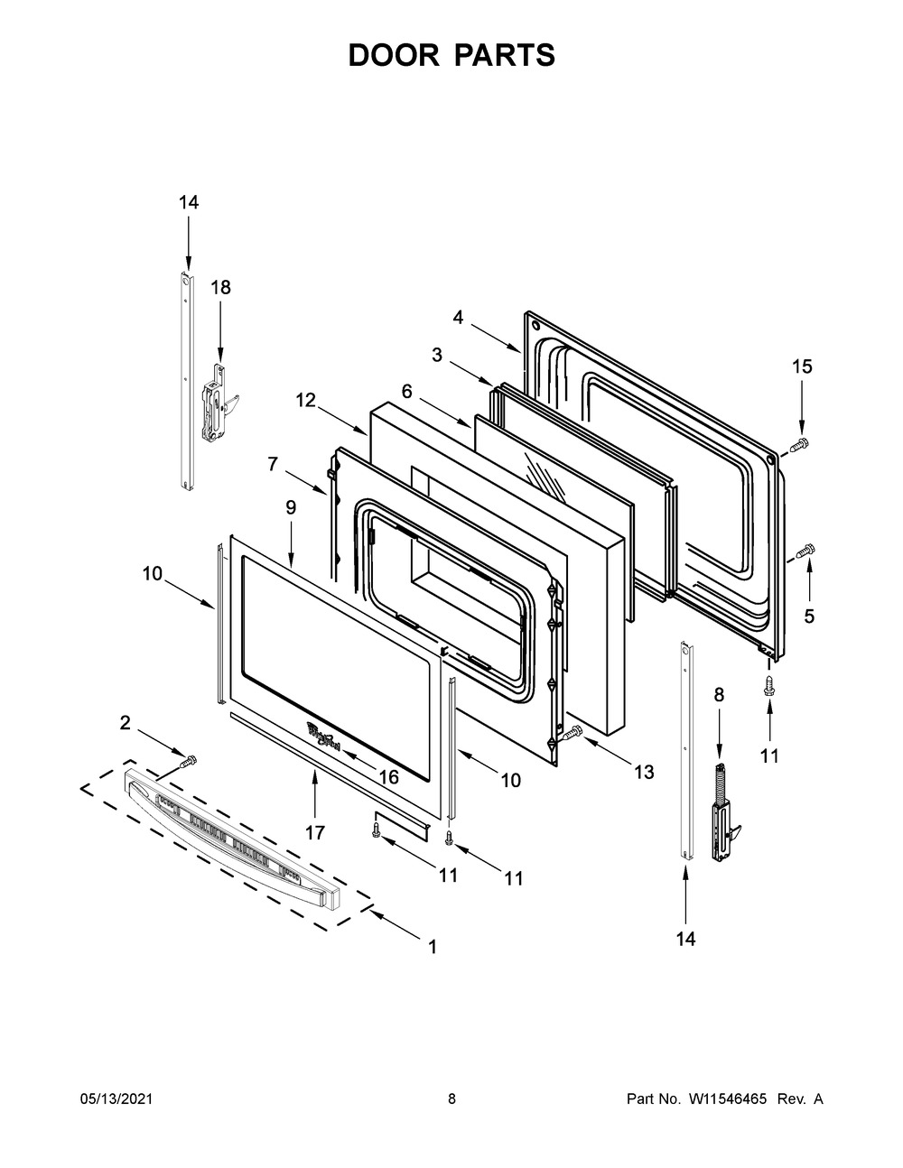 Door Parts Diagram and Parts List for WFE535S0JS1  Whirlpool Range