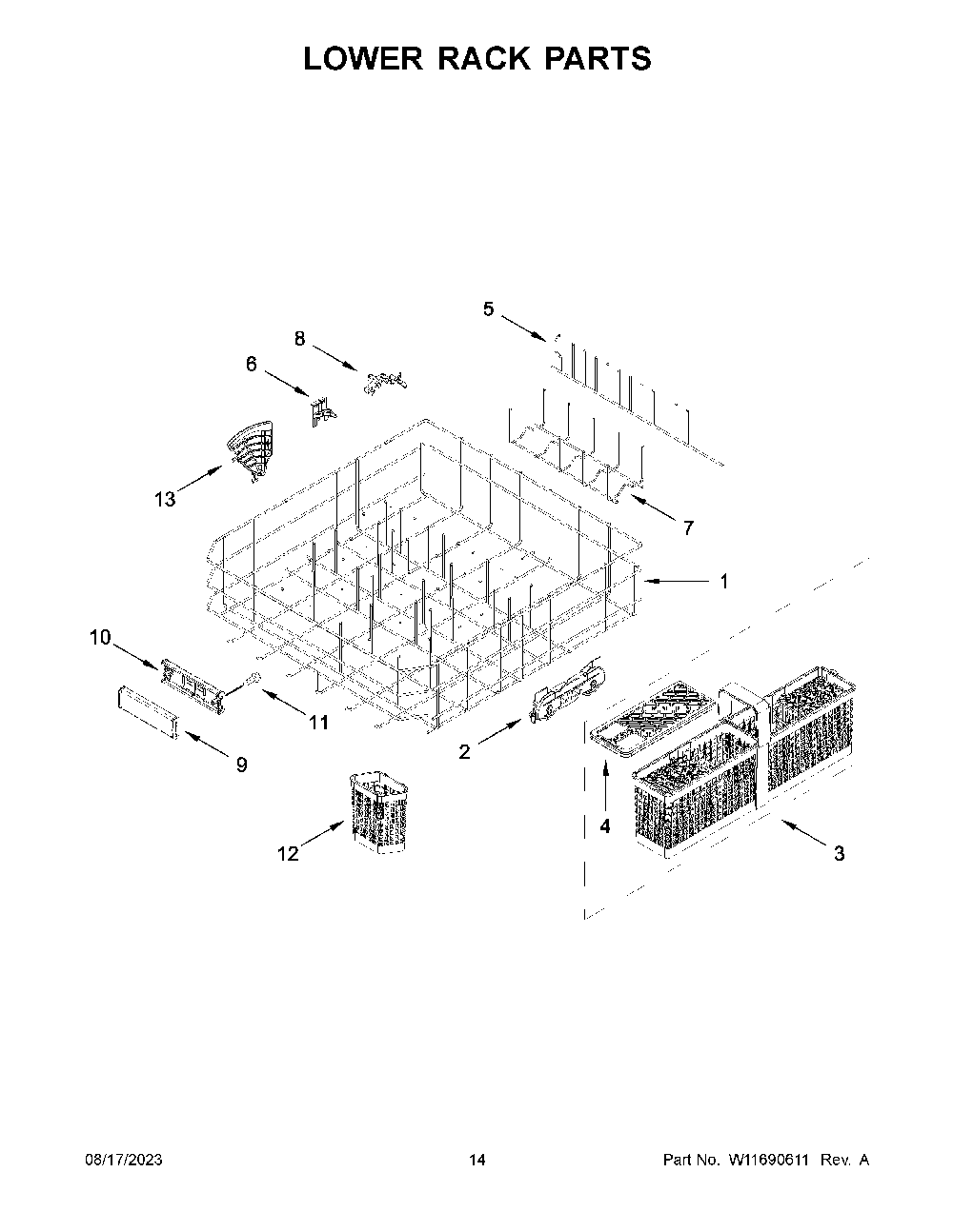 Lower Rack Parts Diagram and Parts List for KDTM804KBS2  KitchenAid Dishwasher
