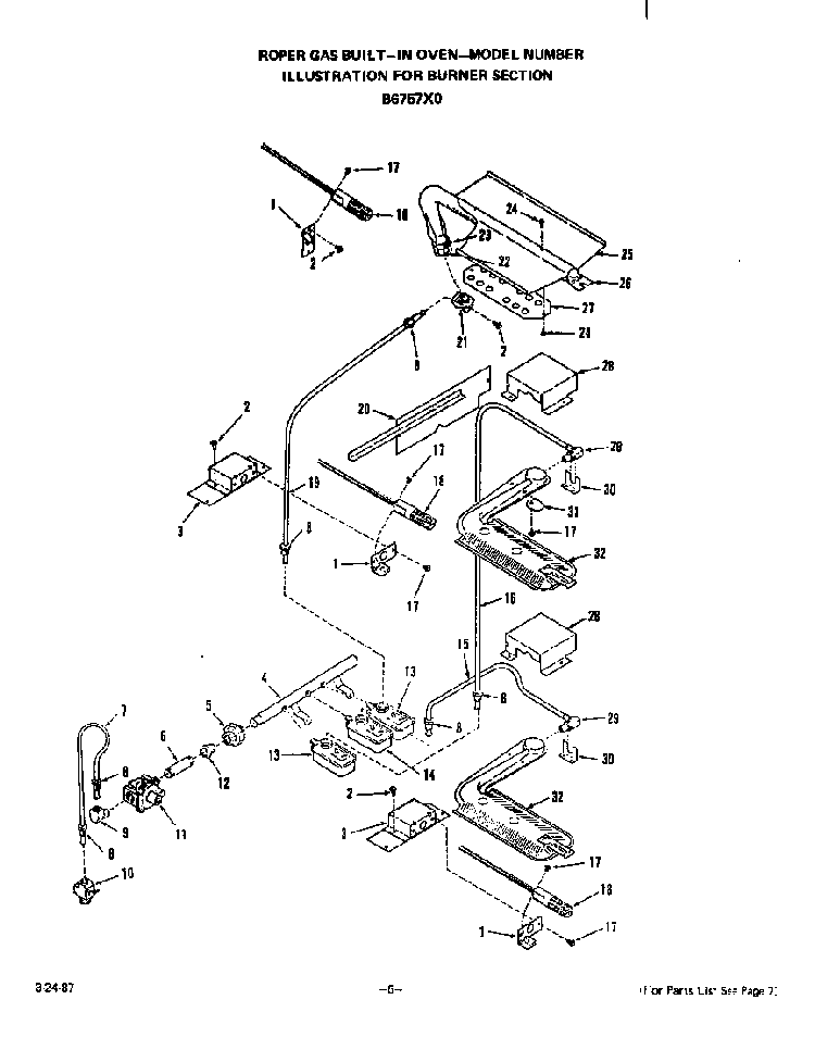Burner Diagram and Parts List for B6757*0  Roper Range