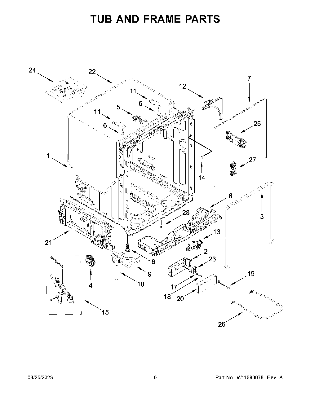 Tub And Frame Parts Diagram and Parts List for KDTM405PPS0  KitchenAid Dishwasher