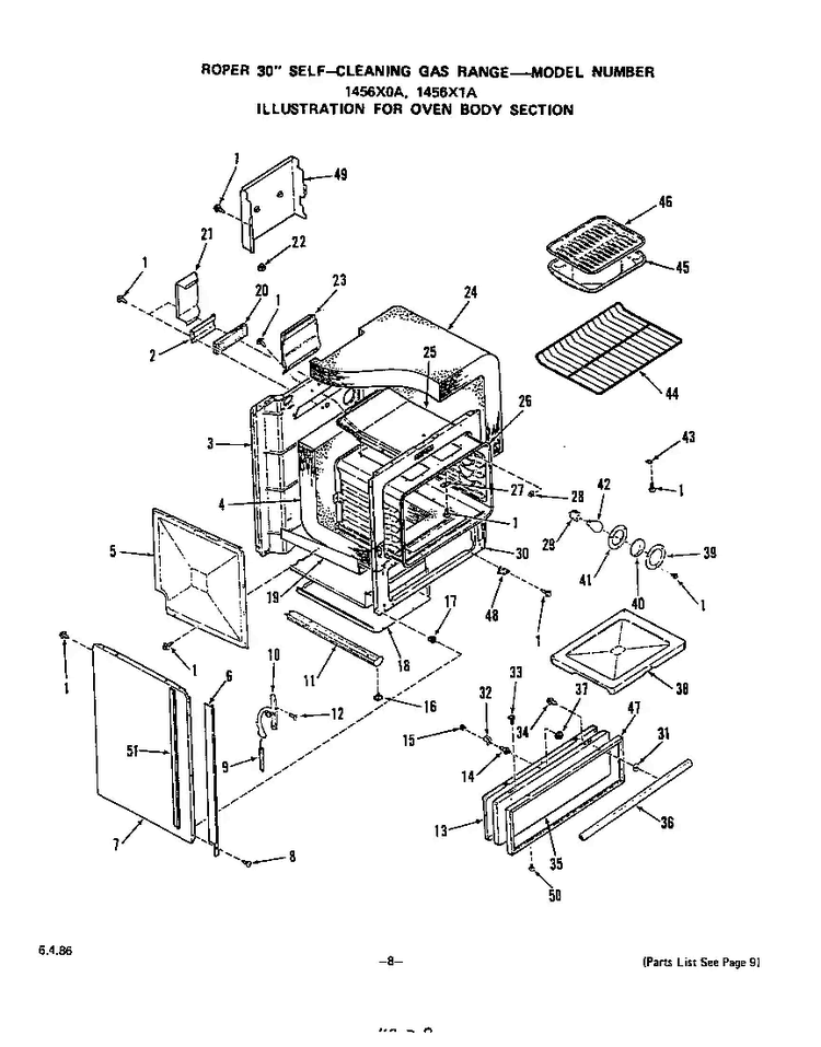 Oven Body Diagram and Parts List for 1456*0A  Roper Range
