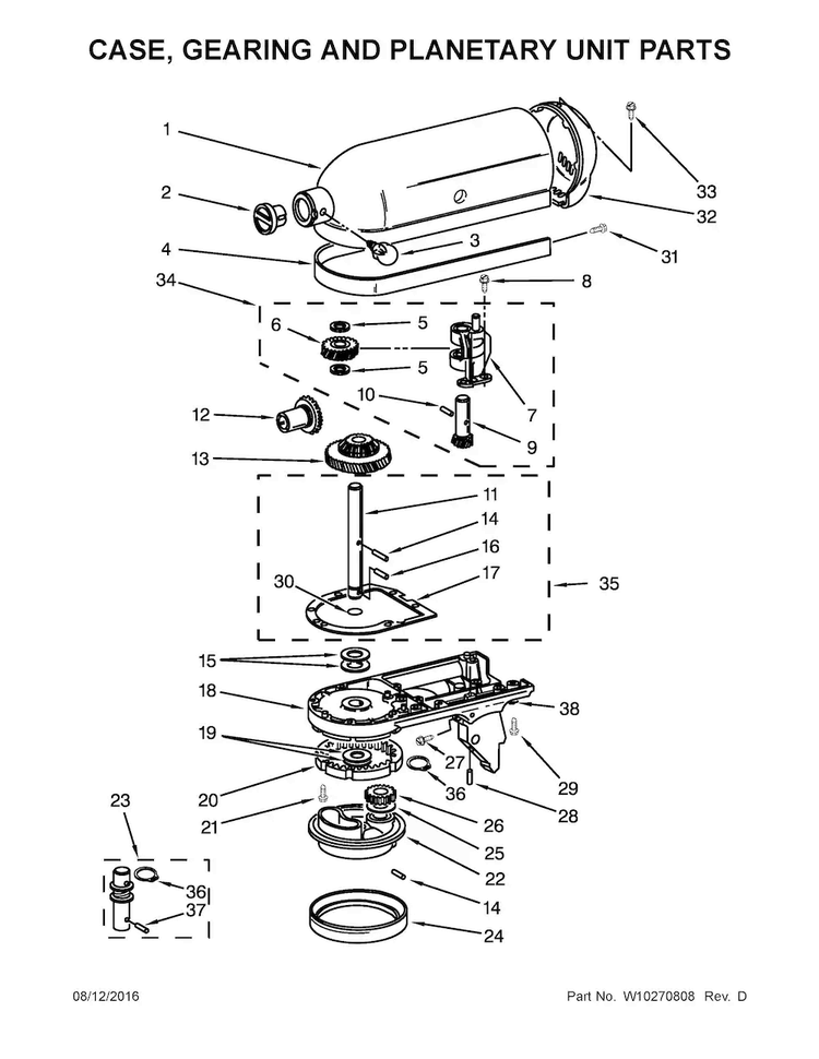 Case, Gearing And Planetary Unit Parts Diagram and Parts List for KSM150APSPI0  KitchenAid Mixer