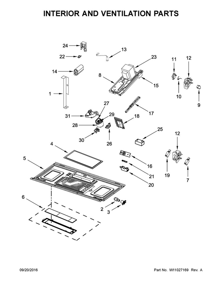 Interior And Ventilation Parts Diagram and Parts List for WMH53520CW4  Whirlpool Microwave