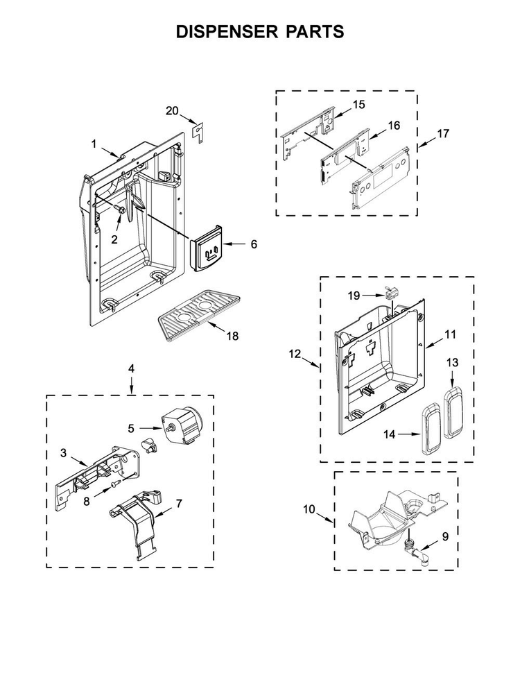 Dispenser Parts Diagram and Parts List for KBSD618ESS01  KitchenAid Refrigerator
