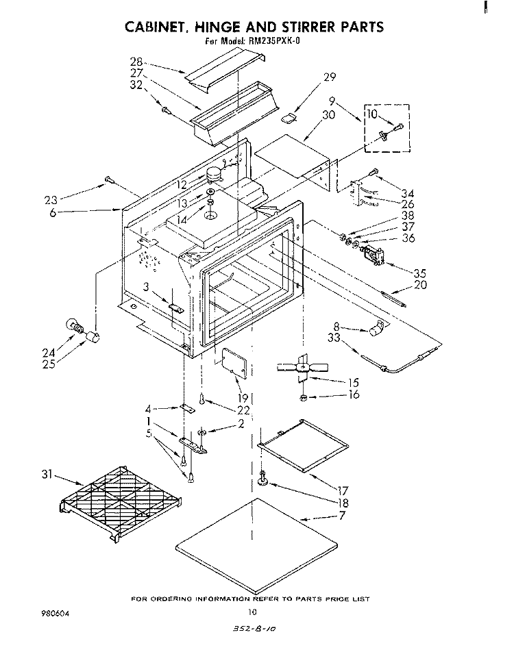CABINET,HINGE AND STIRRER, LITERATURE Diagram and Parts List for RM235PXK0  Whirlpool Microwave Oven Combo