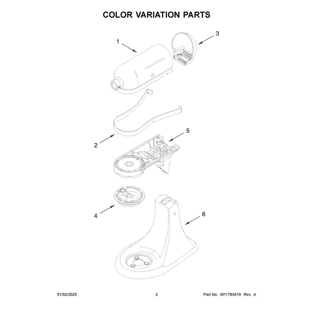 Color Variation Parts Diagram and Parts List for KSM195PSBT5  KitchenAid Mixer
