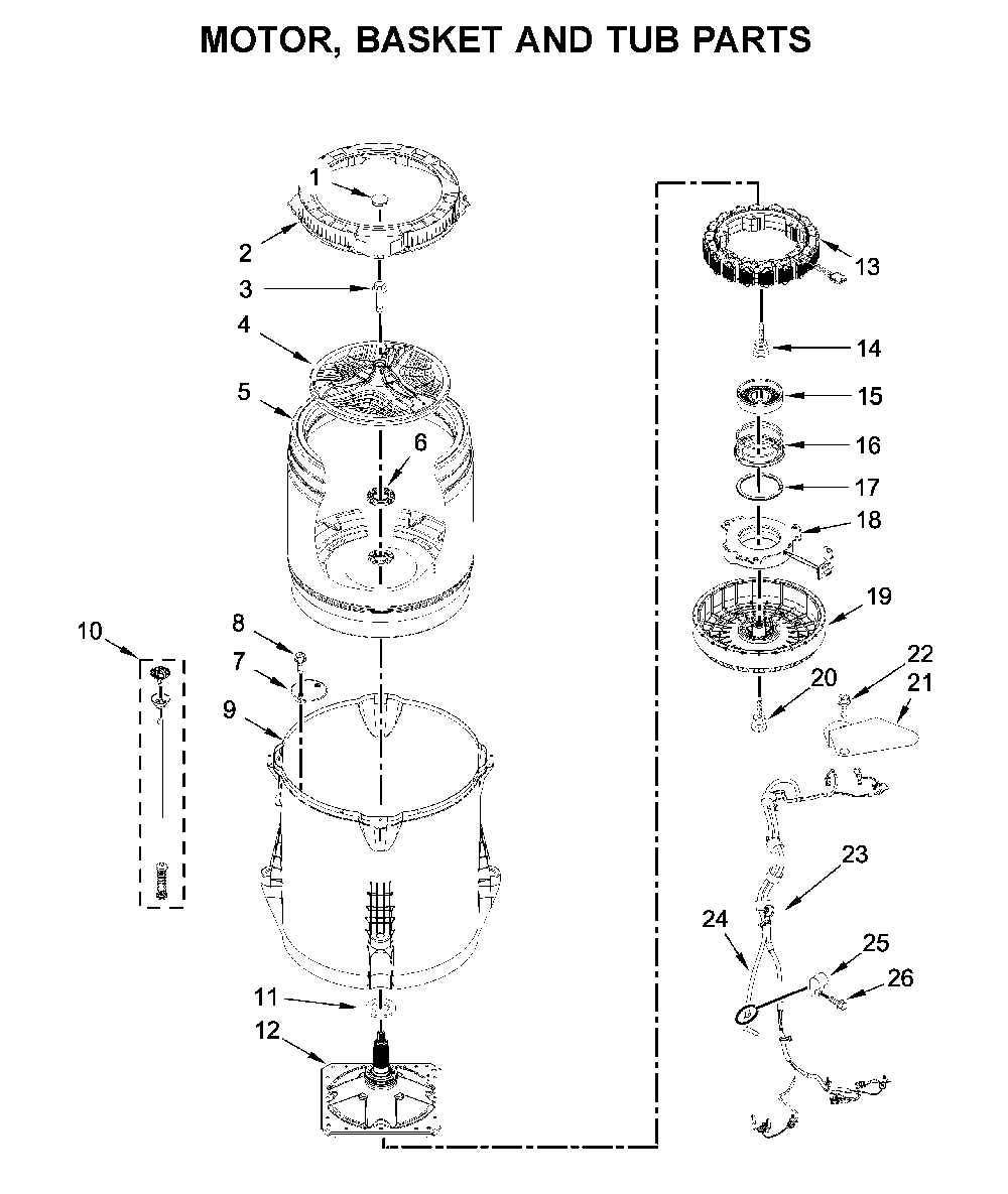 Motor, basket and tub parts Diagram and Parts List for 11028133414  Kenmore Washer