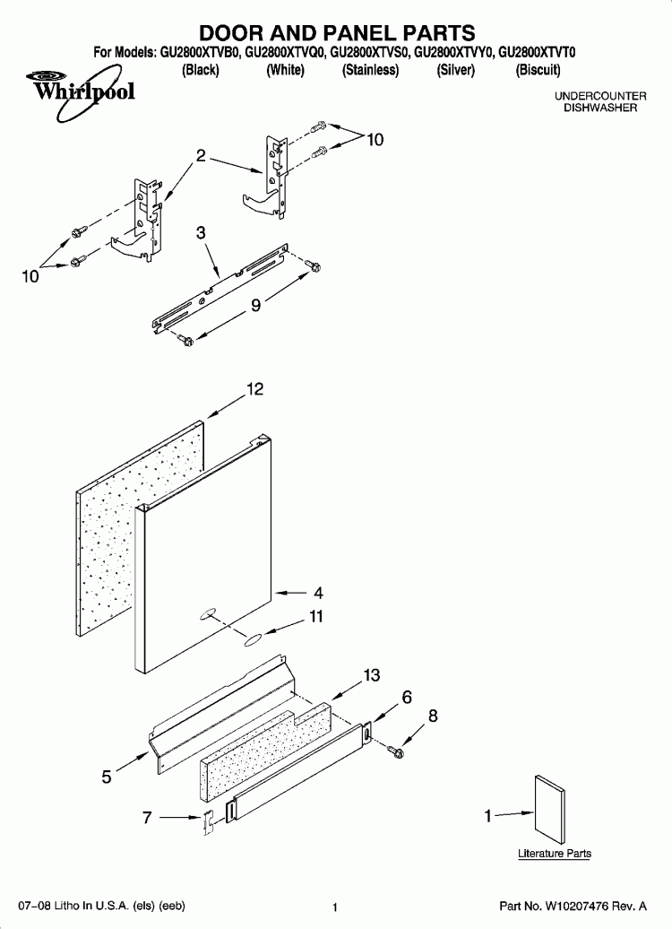 DOOR AND PANEL PARTS Diagram and Parts List for GU2800XTVB0  Whirlpool Dishwasher