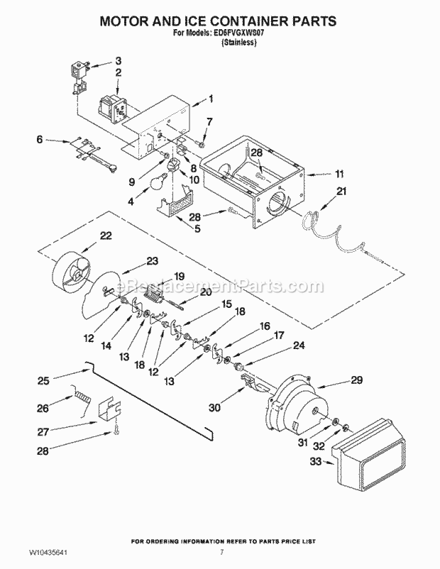 MOTOR AND ICE CONTAINER PARTS Diagram and Parts List for ED5FVGXWS07  Whirlpool Refrigerator