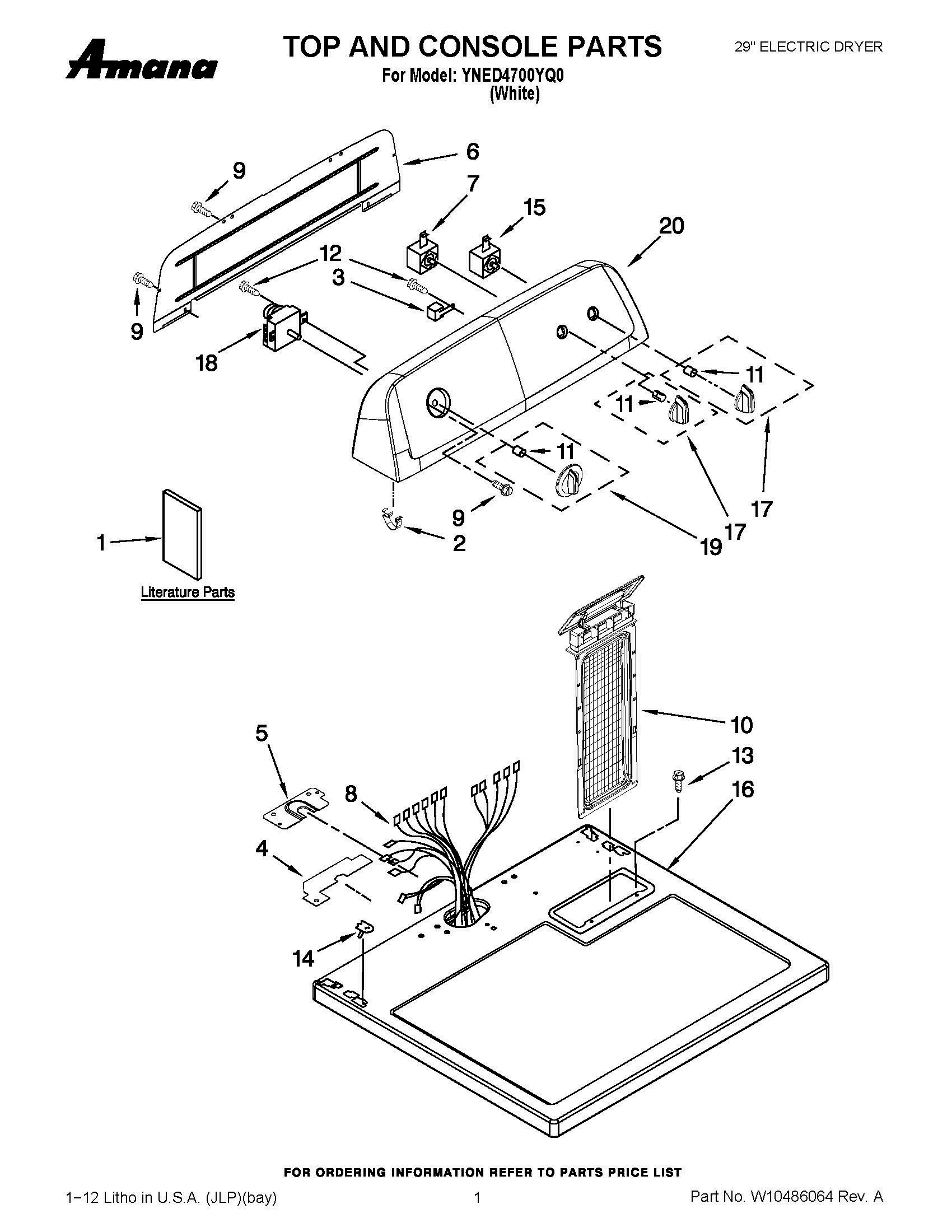 01 - TOP AND CONSOLE PARTS Diagram and Parts List for YNED4700YQ0  Whirlpool Dryer