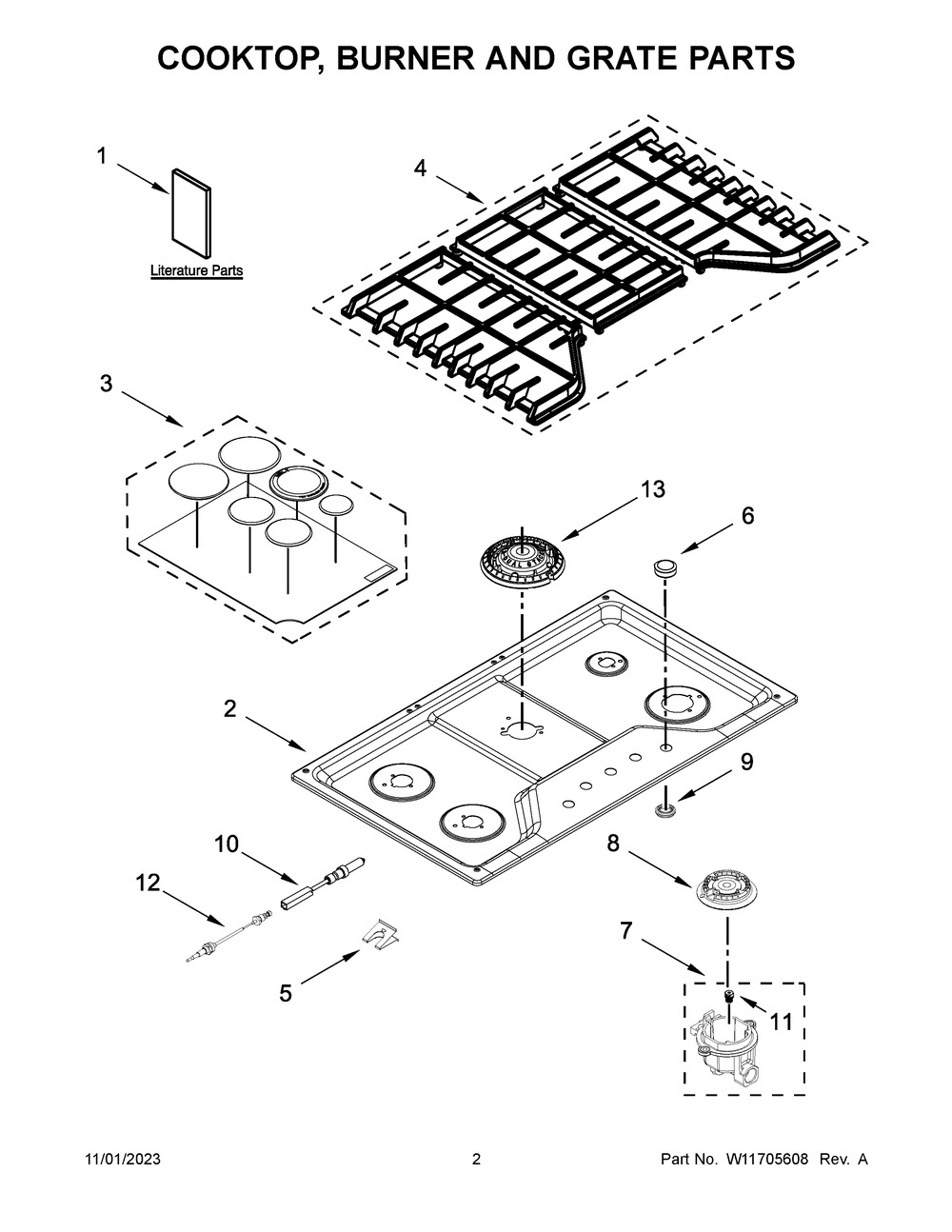Cooktop, Burner And Grate Parts Diagram and Parts List for KCGS350ESS06  KitchenAid Cooktop