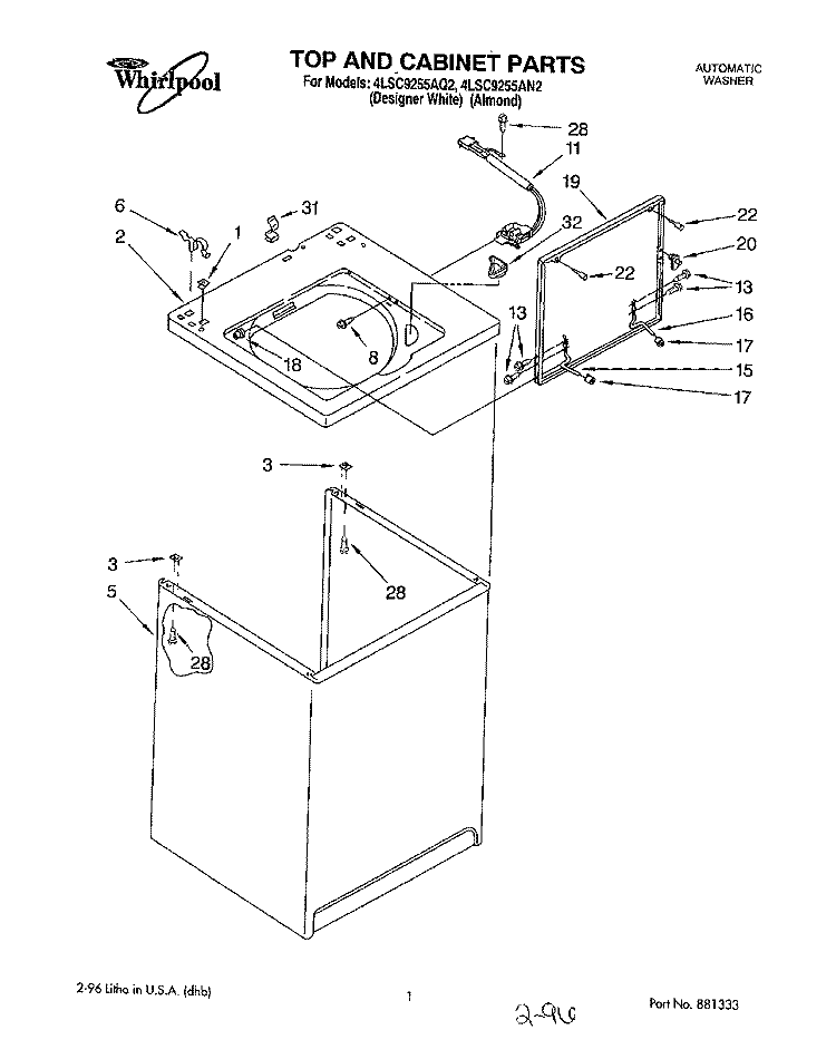 TOP AND CABINET Diagram and Parts List for 4LSC9255AN2  Whirlpool Washer