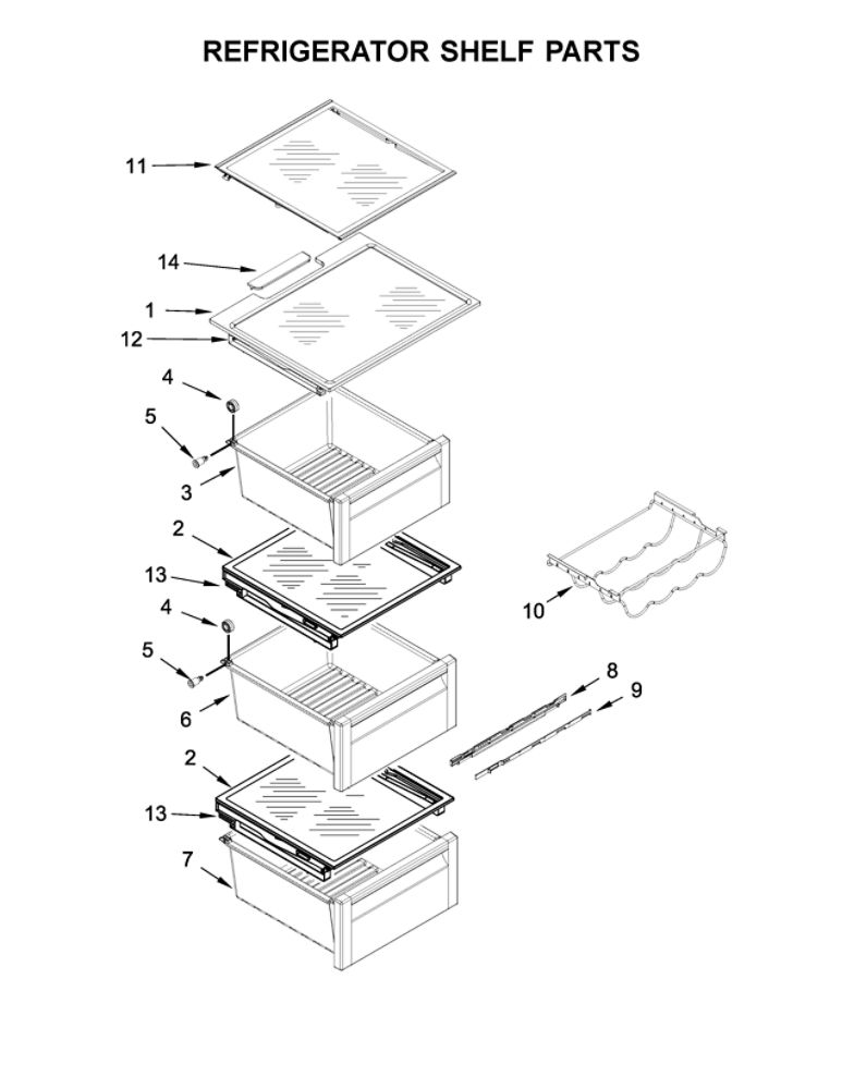 Refrigerator Shelf Parts Diagram and Parts List for WRS970CIDE00  Whirlpool Refrigerator