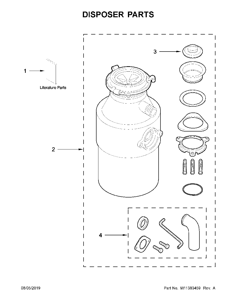 Disposer parts Diagram and Parts List for WG1202XH1  Whirlpool Food Waste Disposer