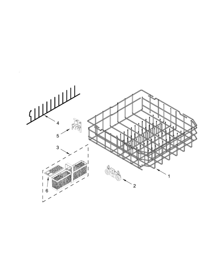 Lower Rack Parts Diagram and Parts List for KDFE104DWH1  KitchenAid Dishwasher