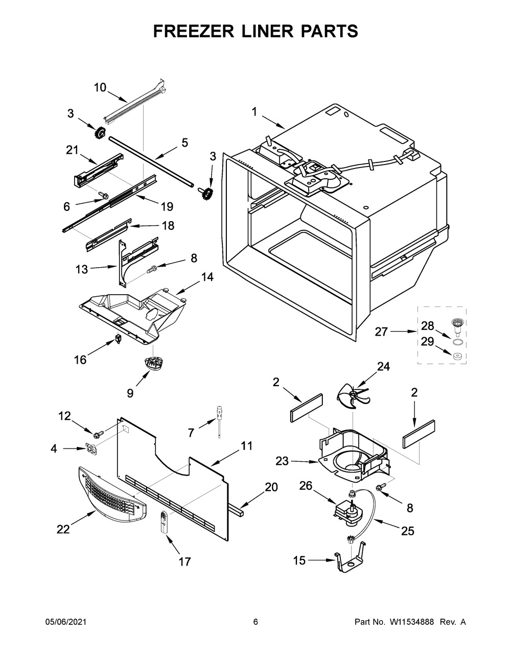 Freezer Liner Parts Diagram and Parts List for ABB1924BRW03  Whirlpool Refrigerator