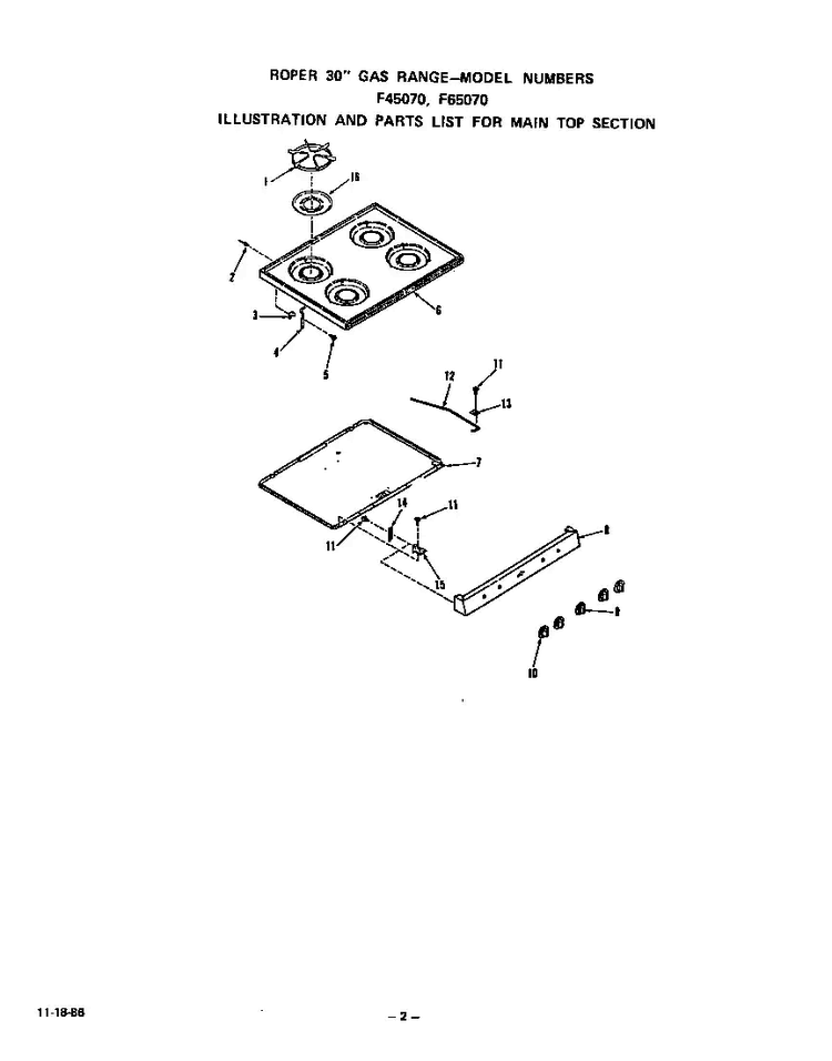 Main Top Diagram and Parts List for F6507*0  Roper Range