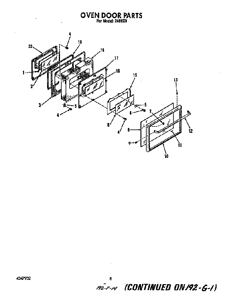 Oven Door Diagram and Parts List for 2496*0A  Roper Range