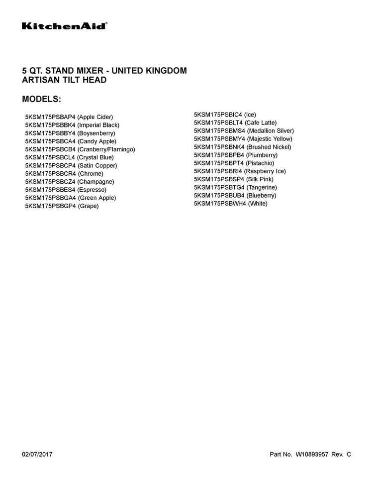 Cover Sheet Diagram and Parts List for 5KSM175PSBLT4  KitchenAid Mixer