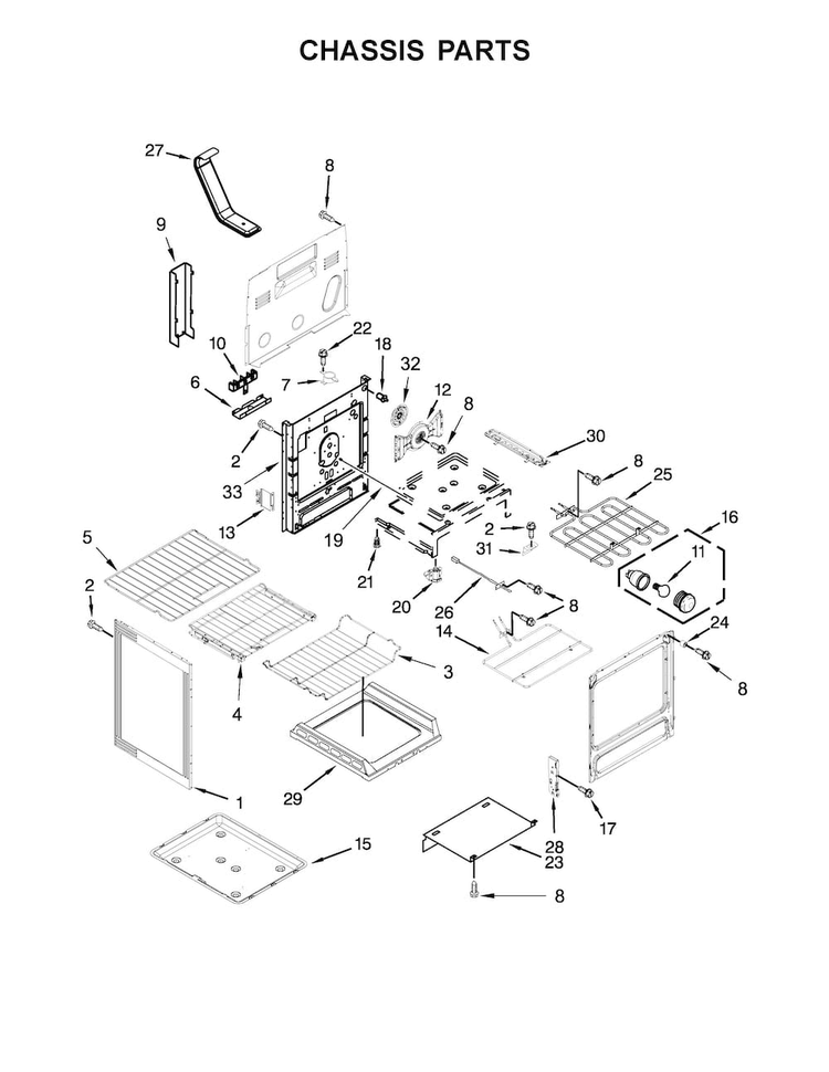 Chassis Parts Diagram and Parts List for KERS306BSS1  KitchenAid Range