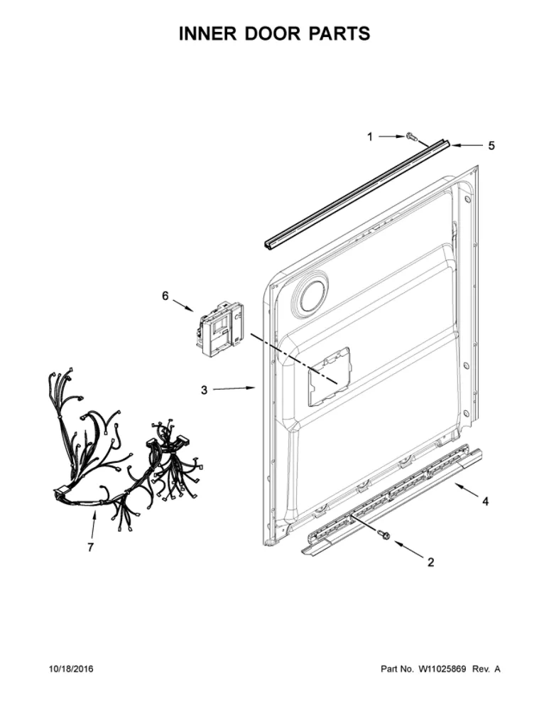 Inner Door Parts Diagram and Parts List for WDF760SADB3  Whirlpool Dishwasher