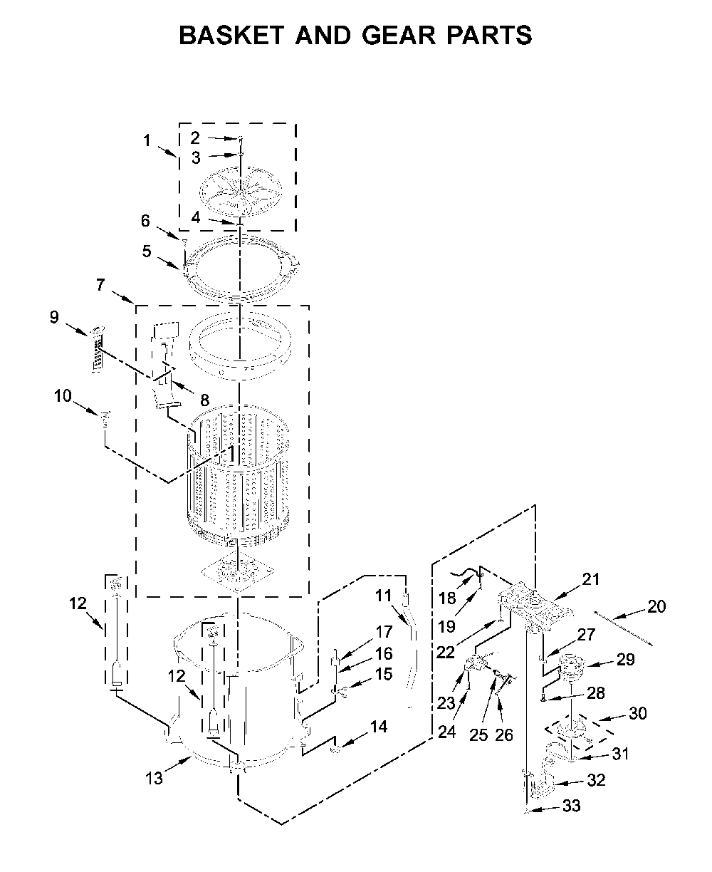 Basket and gear parts Diagram and Parts List for 11044432810  Kenmore Washer