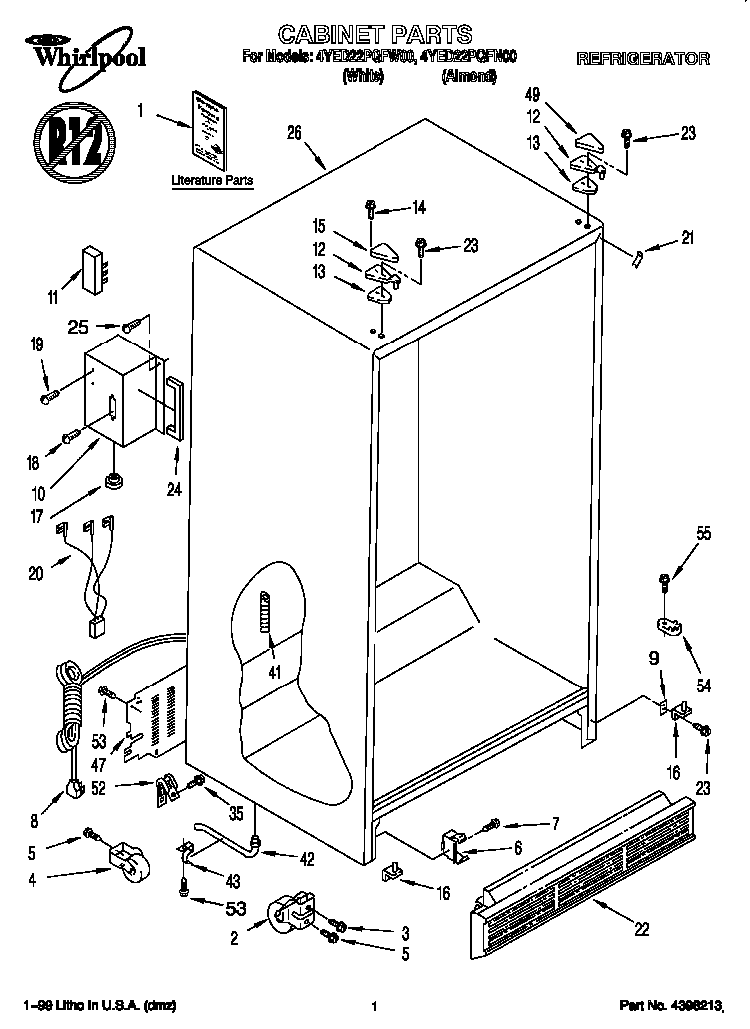 Cabinet Diagram and Parts List for 4YED22PQFW00  Whirlpool Refrigerator